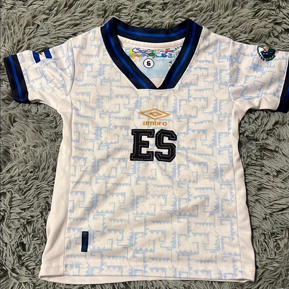 White and Blue Jersey with Navy Trim and ES Design